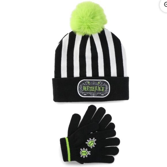 Beetle Juice | Youth Unisex Black White Green Hat and Glove Set - Picture 1 of 11